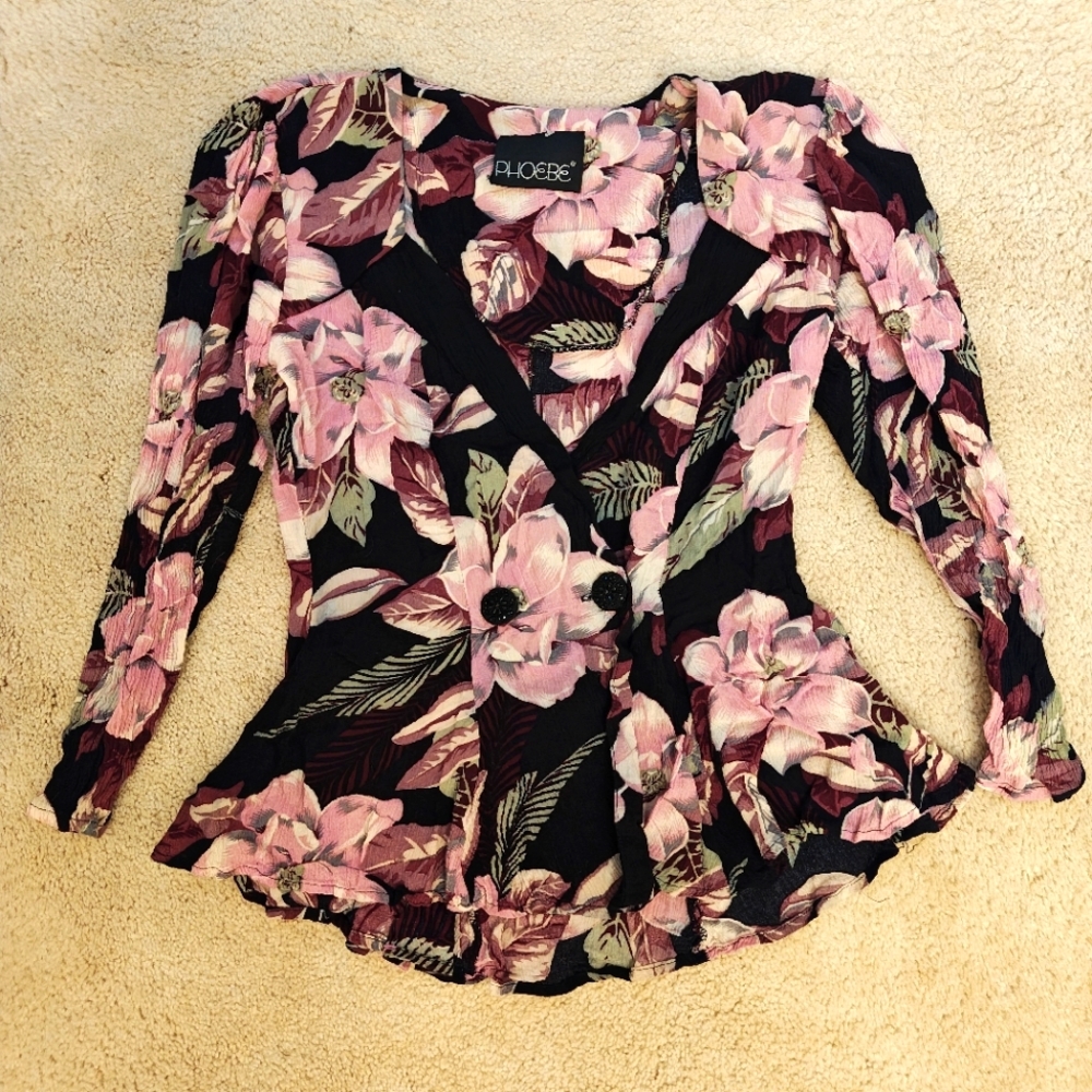 Vintage Phoebe Single Button Crinkle Flutter Tropical Floral Blouse